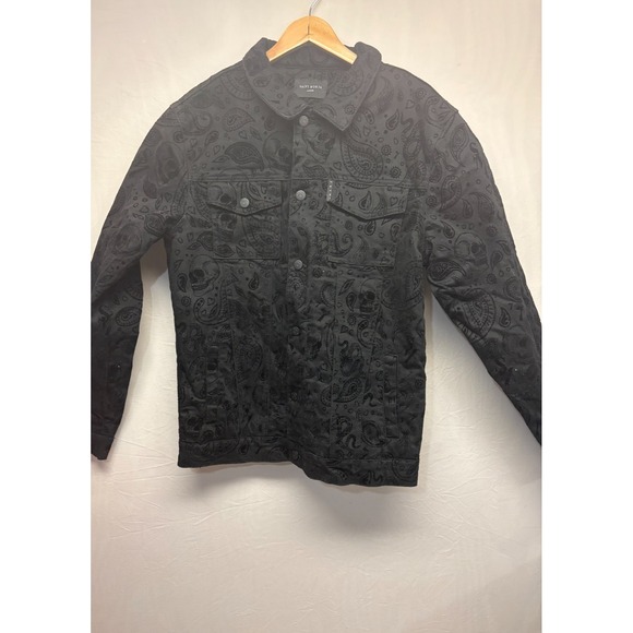 Saint Morta Button Front Sherpa Jacket Mens Black Paisley Skulls Pockets Large